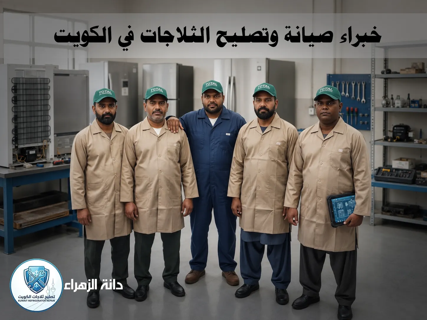 فريق تصليح ثلاجات دانة الزهراء بالكويت داخل ورشة صيانة ثلاجات مجهزة